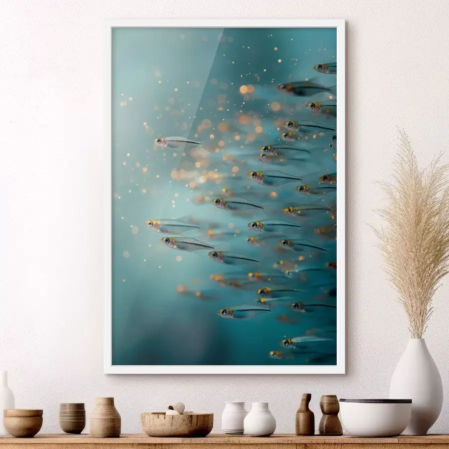 Fototapete Schwarm kleiner Fische in blauem Wasser mit Spiegelungen f50443