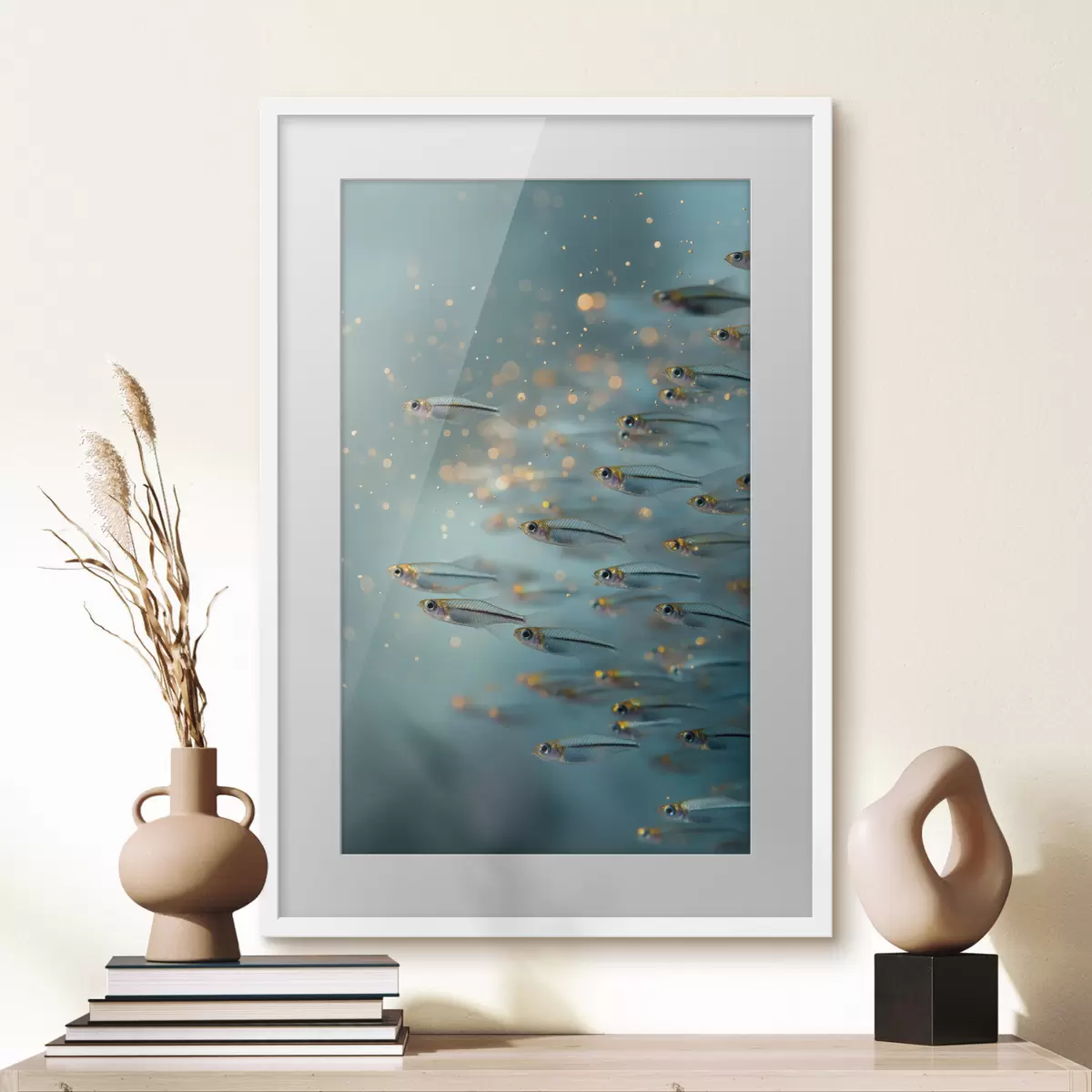 Poster Schwarm kleiner Fische in blauem Wasser mit Spiegelungen f50443