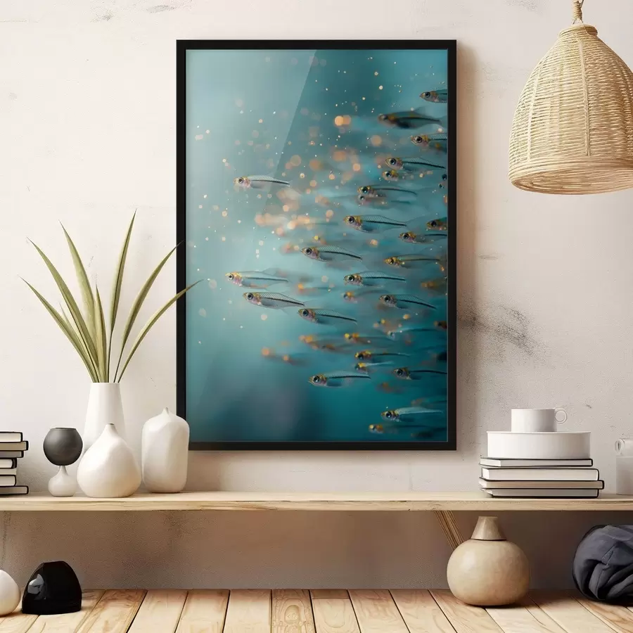 Fototapete Schwarm kleiner Fische in blauem Wasser mit Spiegelungen f50443