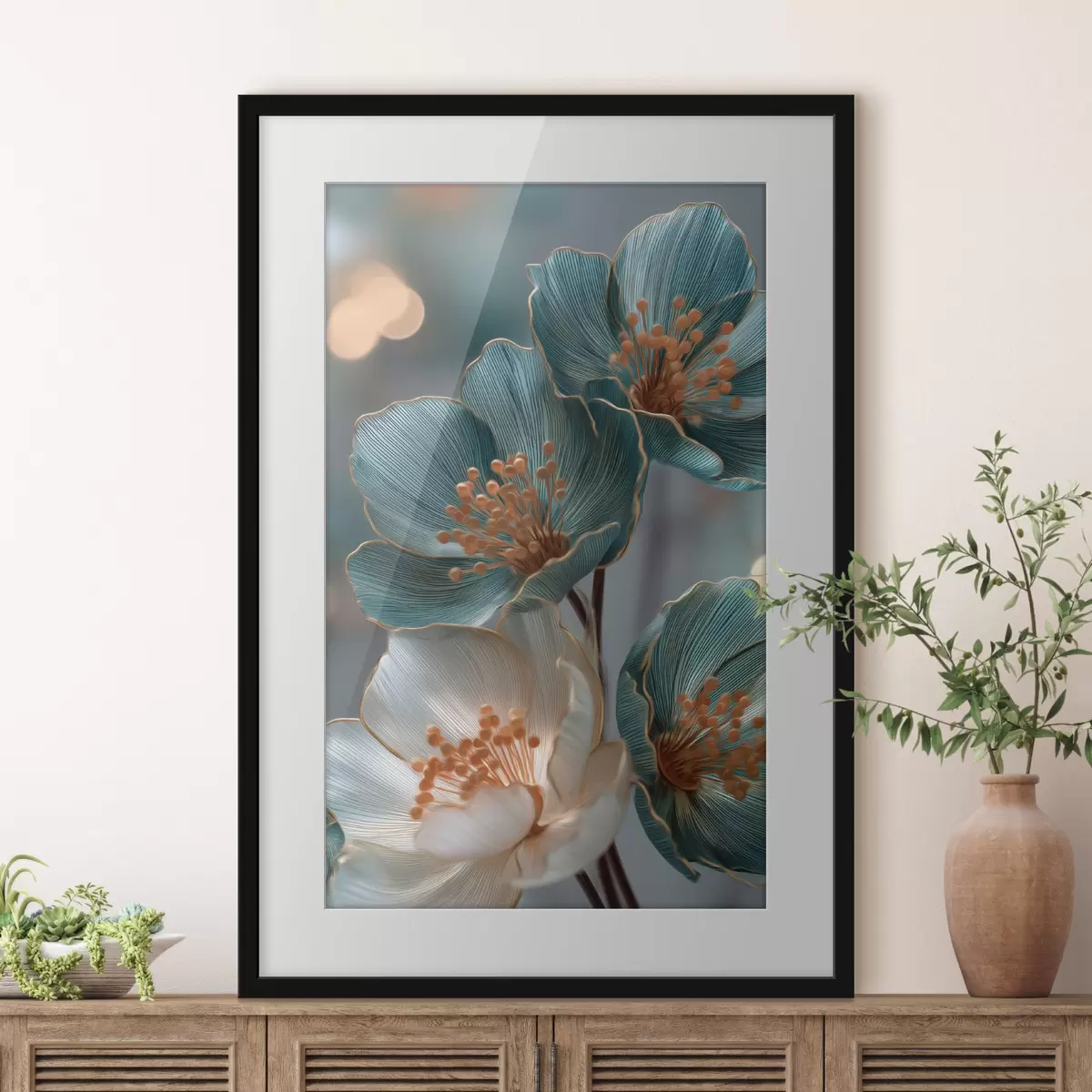 Poster Türkisfarbene und weiße Blüten mit orangefarbenen Staubblättern f50448