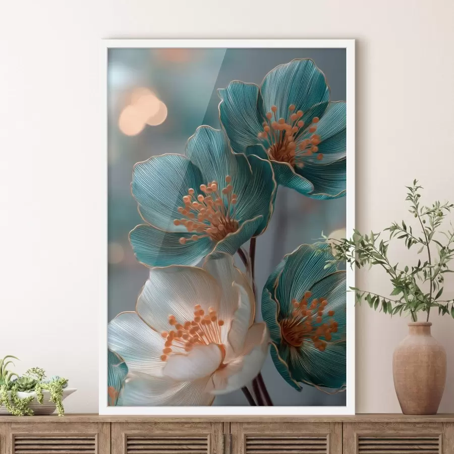 Fototapete Türkisfarbene und weiße Blüten mit orangefarbenen Staubblättern f50448