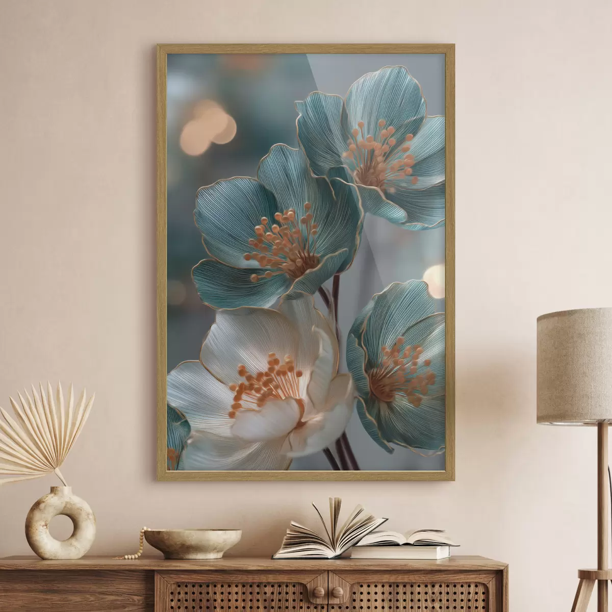Poster Türkisfarbene und weiße Blüten mit orangefarbenen Staubblättern f50448