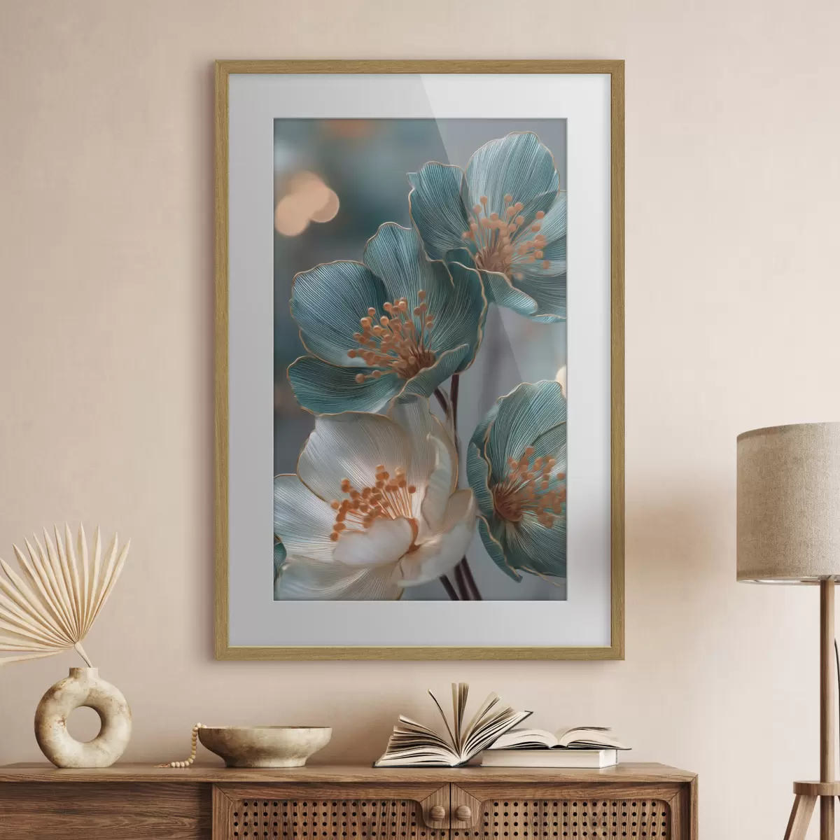 Poster Türkisfarbene und weiße Blüten mit orangefarbenen Staubblättern f50448