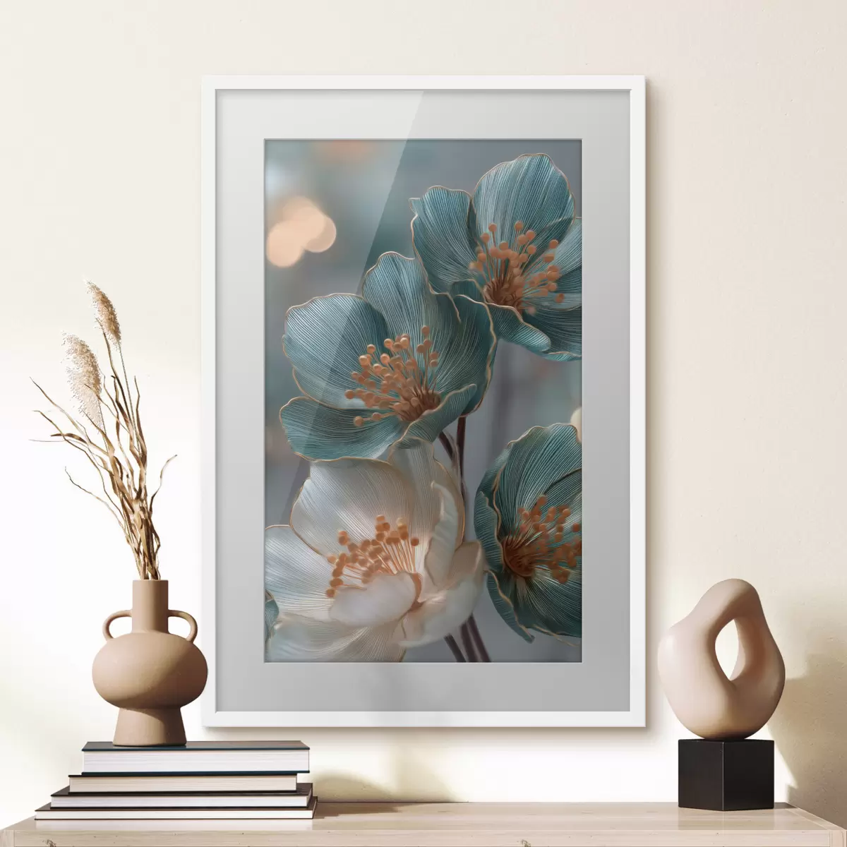 Poster Türkisfarbene und weiße Blüten mit orangefarbenen Staubblättern f50448
