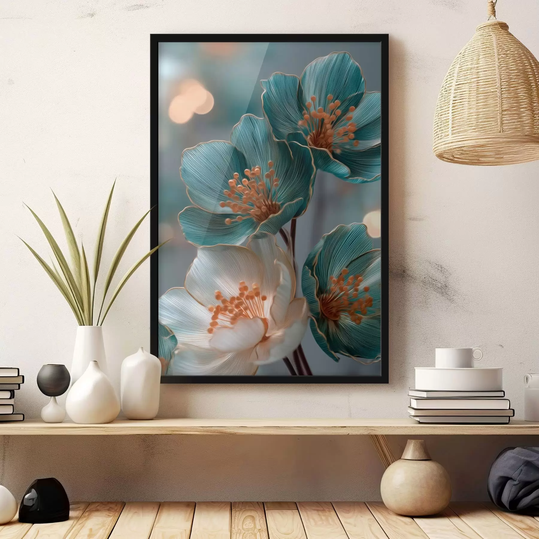 Fototapete Türkisfarbene und weiße Blüten mit orangefarbenen Staubblättern f50448