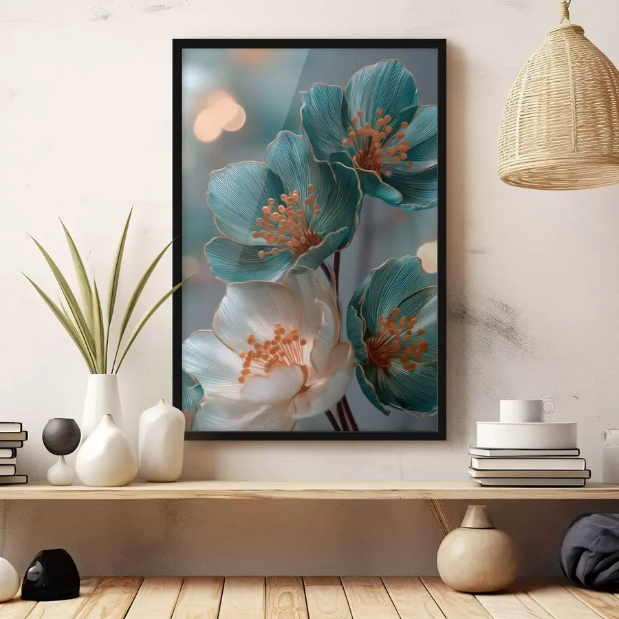 Fototapete Türkisfarbene und weiße Blüten mit orangefarbenen Staubblättern f50448