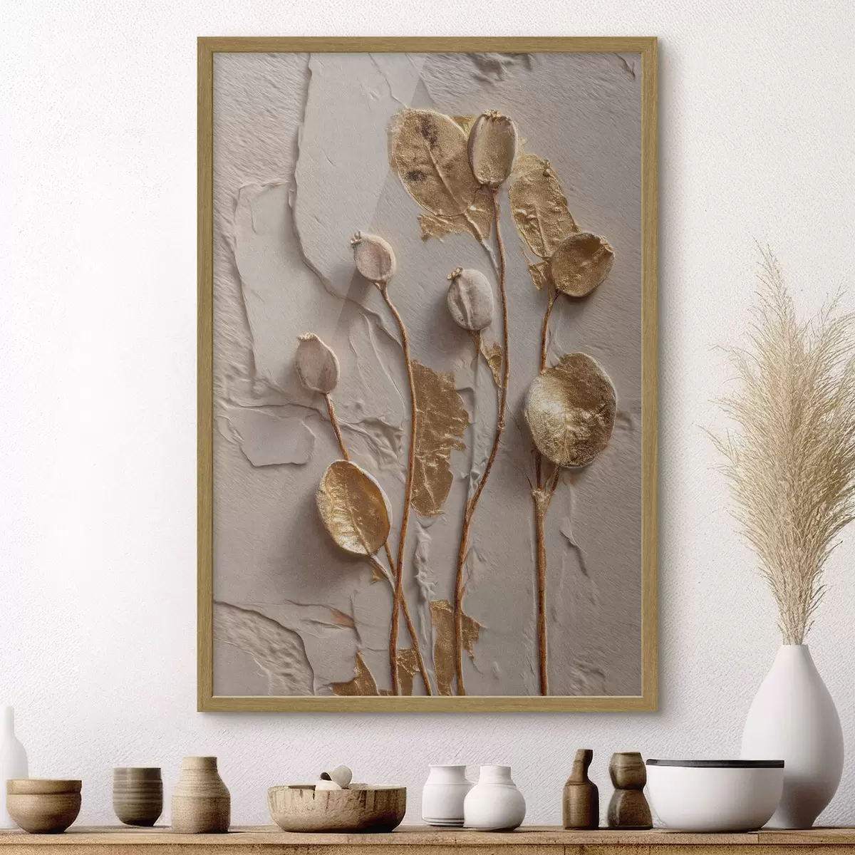 Poster Stiele mit Blättern und Samenkapseln mit plastischem Effekt f50449