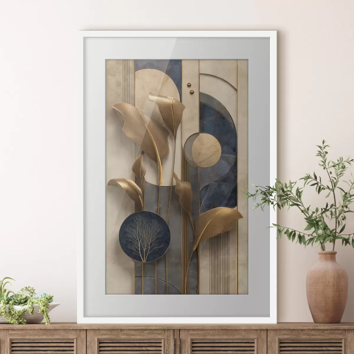 Poster Geometrische Komposition mit bronzefarbenen Blättern f50452