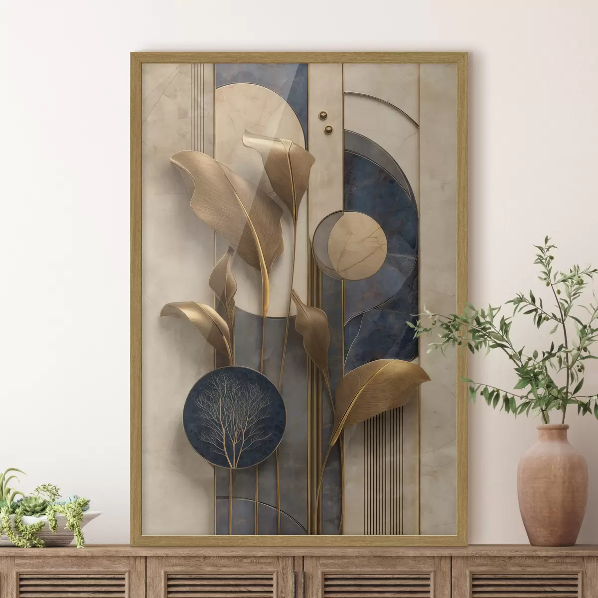 Poster Geometrische Komposition mit bronzefarbenen Blättern f50452