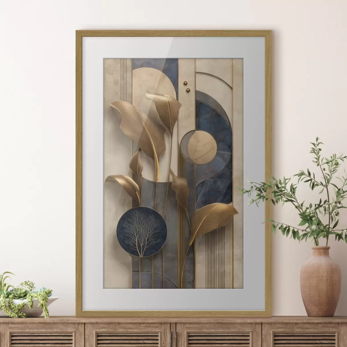 Poster Geometrische Komposition mit bronzefarbenen Blättern f50452
