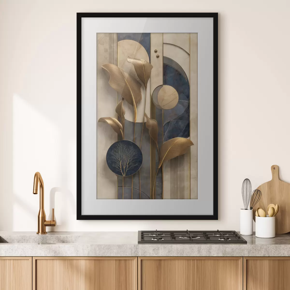 Poster Geometrische Komposition mit bronzefarbenen Blättern f50452