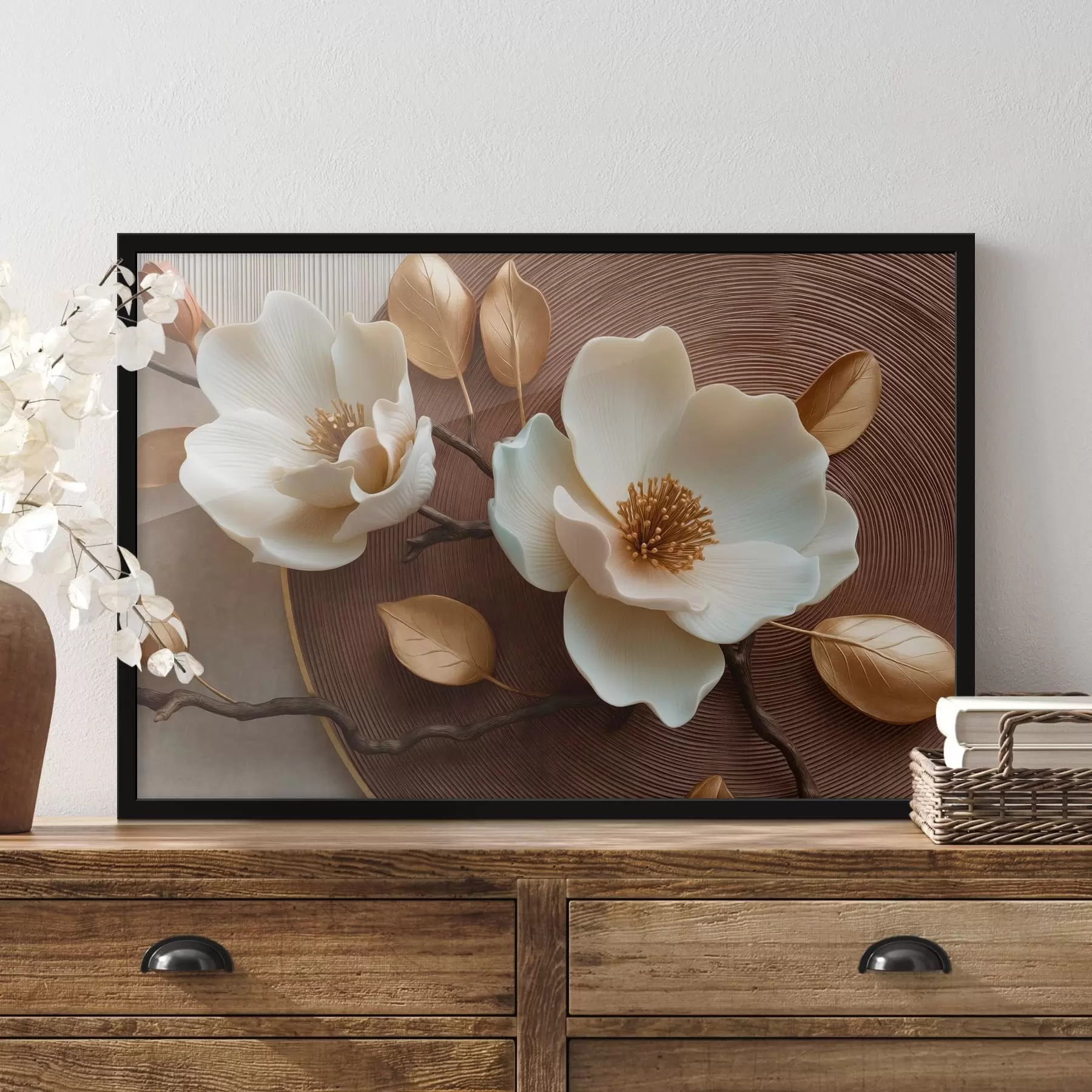 Fototapete Weiße Blüten mit plastischem Effekt und bronzefarbenen Blättern f50453
