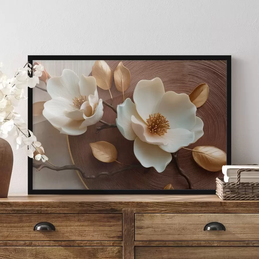 Fototapete Weiße Blüten mit plastischem Effekt und bronzefarbenen Blättern f50453