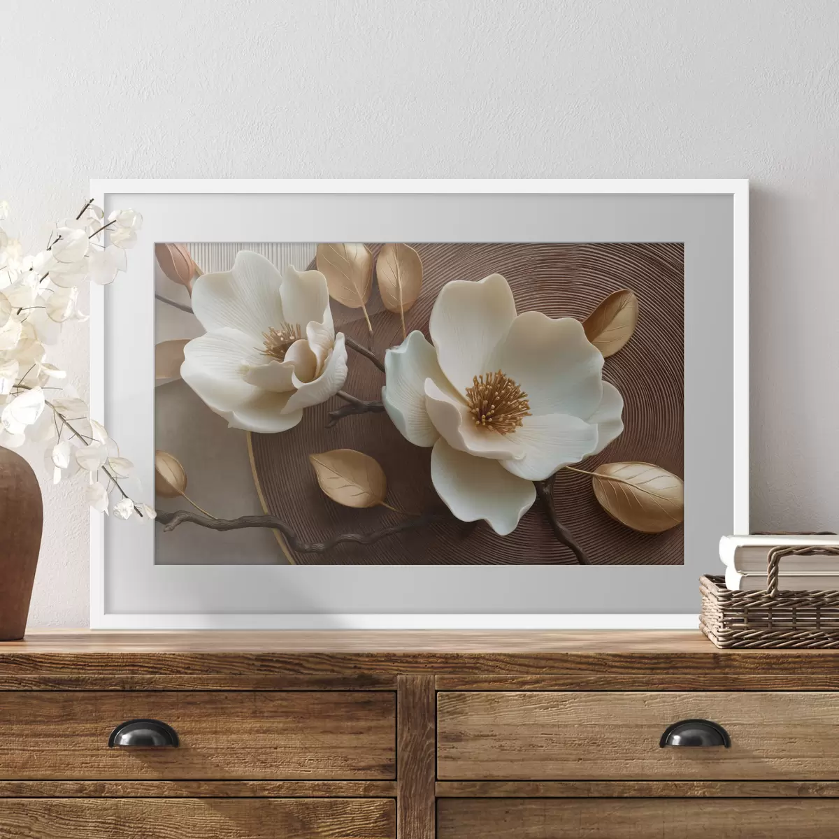 Poster Weiße Blüten mit plastischem Effekt und bronzefarbenen Blättern f50453