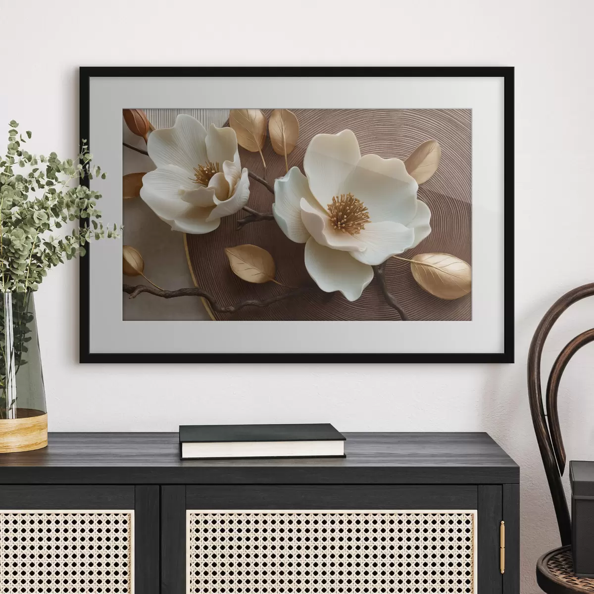 Poster Weiße Blüten mit plastischem Effekt und bronzefarbenen Blättern f50453