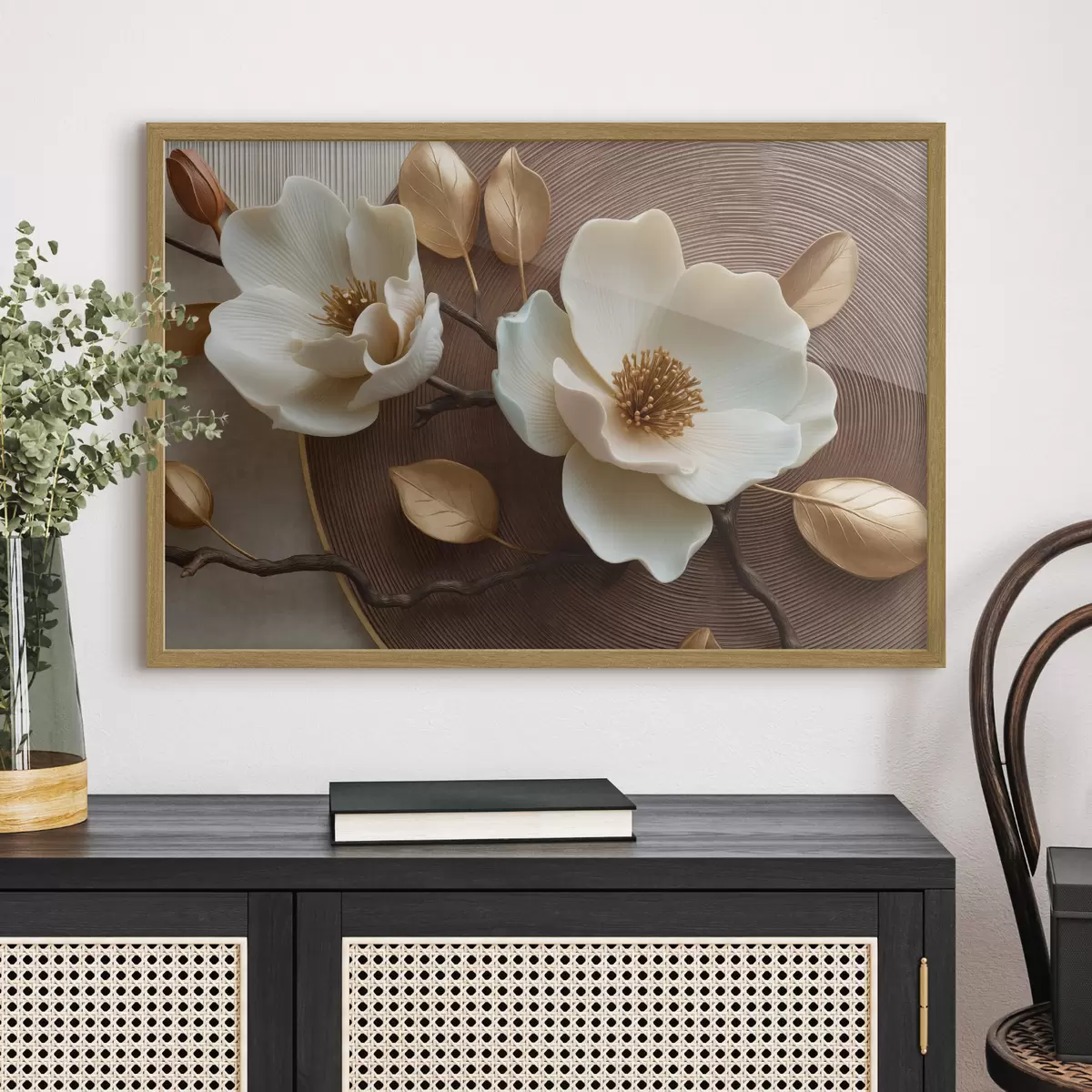 Poster Weiße Blüten mit plastischem Effekt und bronzefarbenen Blättern f50453