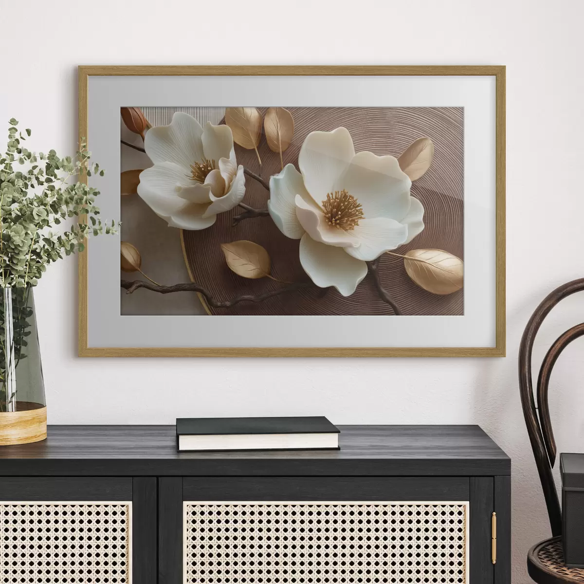 Poster Weiße Blüten mit plastischem Effekt und bronzefarbenen Blättern f50453
