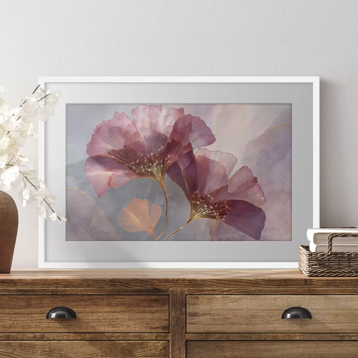 Poster Rosa, durchscheinende Blüten auf pastellfarbenem Hintergrund f50455