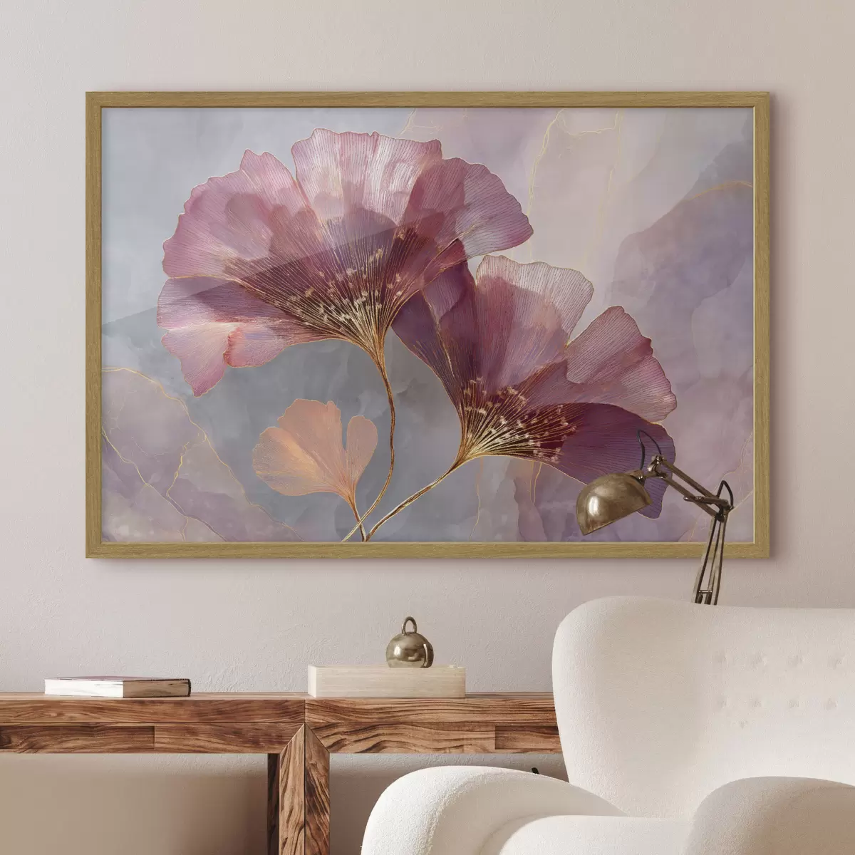 Poster Rosa, durchscheinende Blüten auf pastellfarbenem Hintergrund f50455