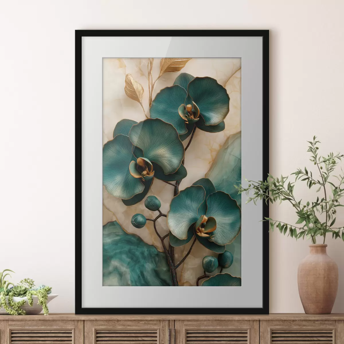 Poster Türkisfarbene Orchideen auf hellem Hintergrund mit steinähnlichem optischen Effekt f50456