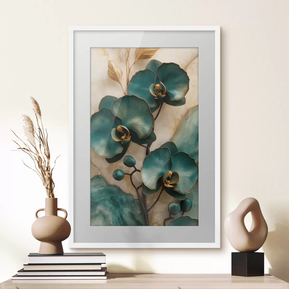 Poster Türkisfarbene Orchideen auf hellem Hintergrund mit steinähnlichem optischen Effekt f50456