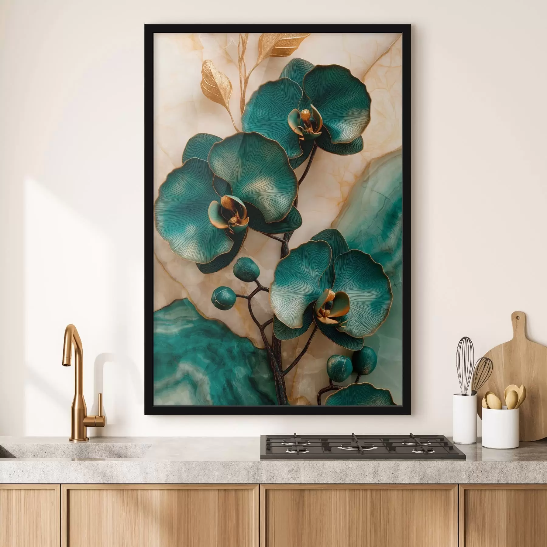 Fototapete Türkisfarbene Orchideen auf hellem Hintergrund mit steinähnlichem optischen Effekt f50456