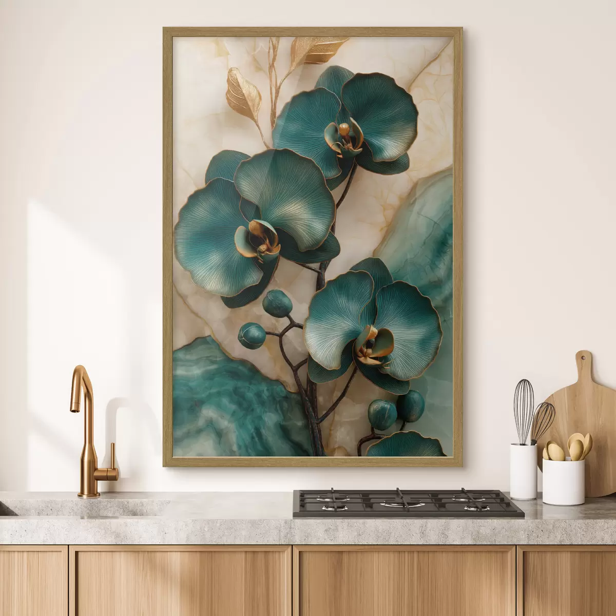 Poster Türkisfarbene Orchideen auf hellem Hintergrund mit steinähnlichem optischen Effekt f50456