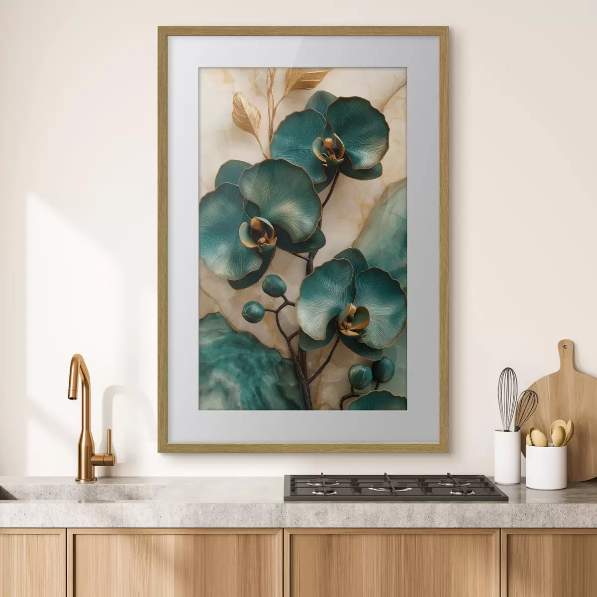 Poster Türkisfarbene Orchideen auf hellem Hintergrund mit steinähnlichem optischen Effekt f50456