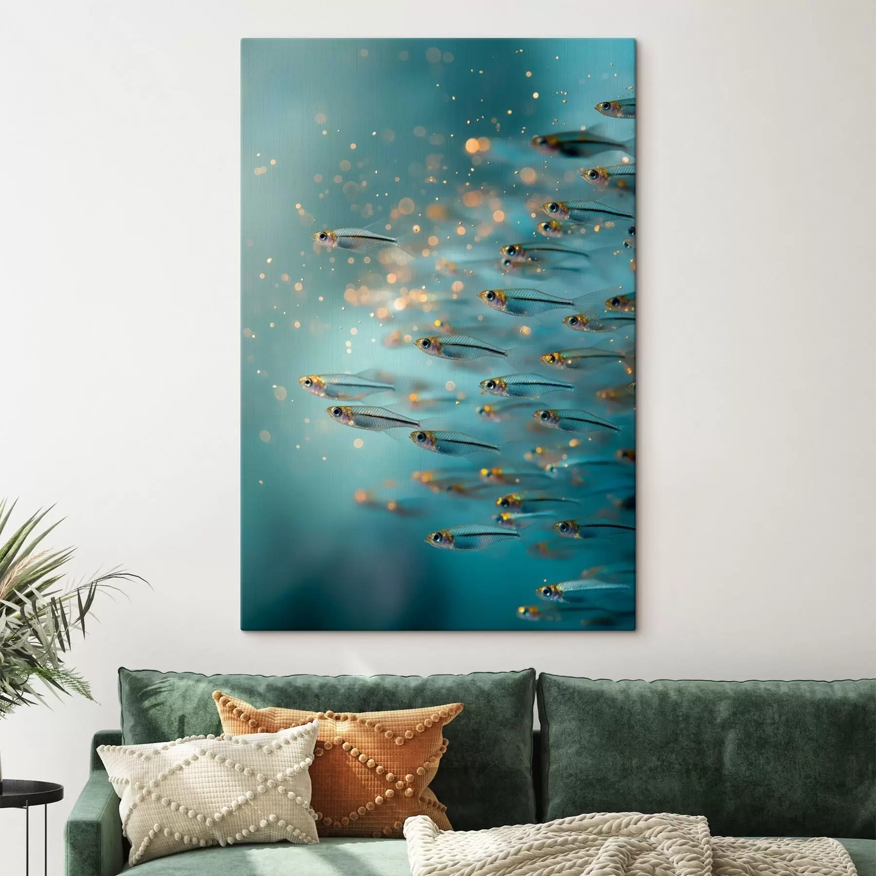 Fototapete Schwarm kleiner Fische in blauem Wasser mit Spiegelungen s50443
