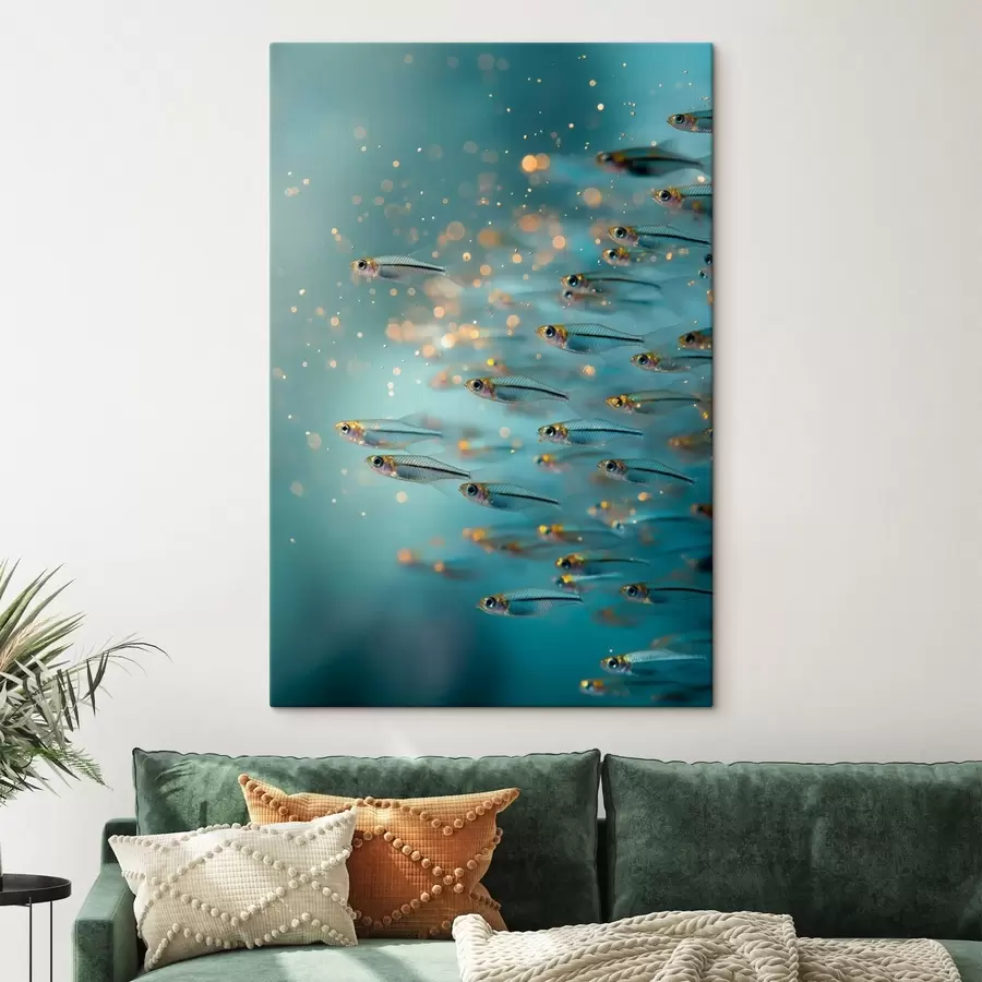 Fototapete Schwarm kleiner Fische in blauem Wasser mit Spiegelungen s50443