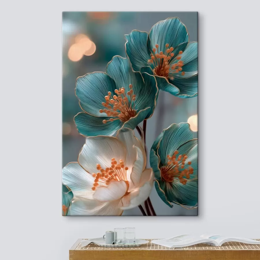Fototapete Türkisfarbene und weiße Blüten mit orangefarbenen Staubblättern s50448
