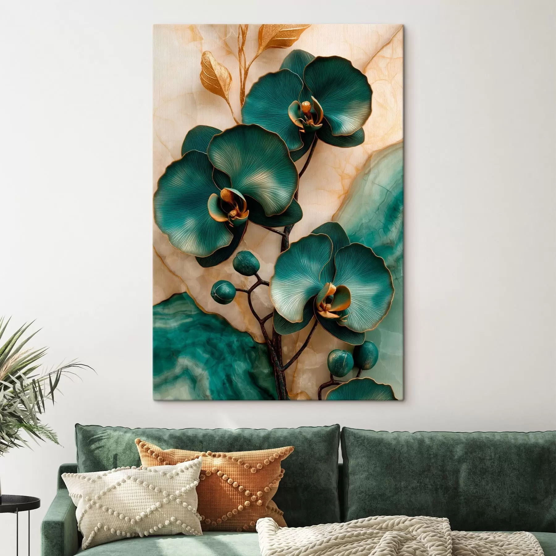 Fototapete Türkisfarbene Orchideen auf hellem Hintergrund mit steinähnlichem optischen Effekt s50456
