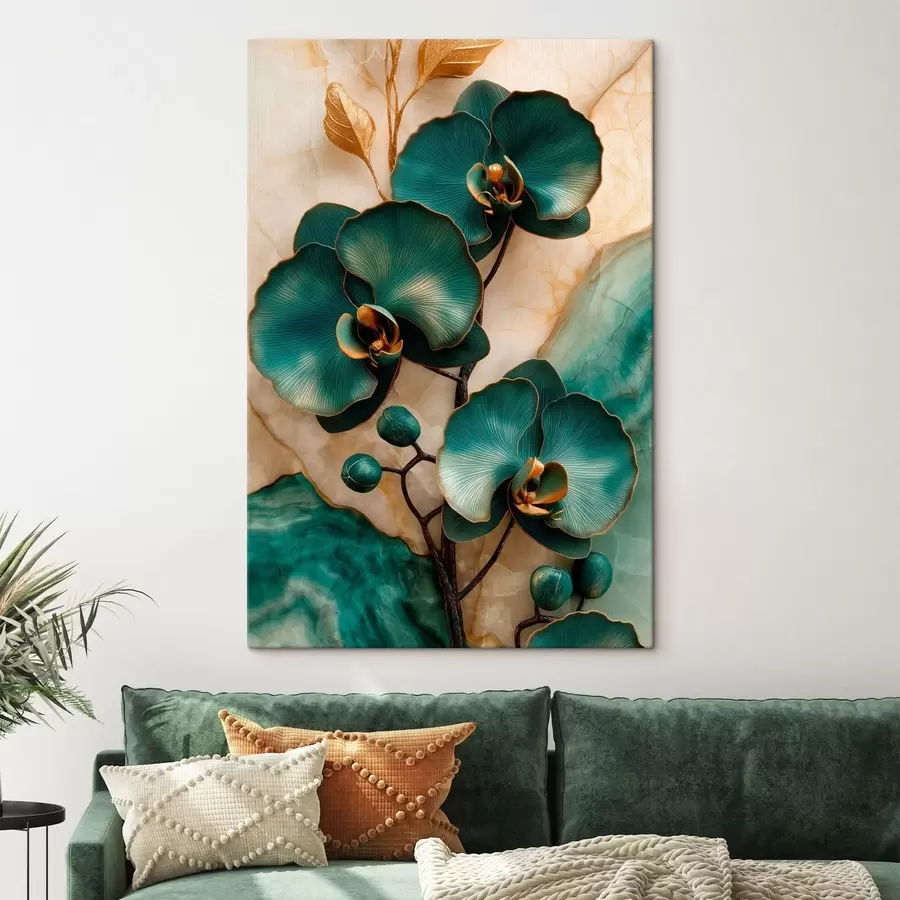 Fototapete Türkisfarbene Orchideen auf hellem Hintergrund mit steinähnlichem optischen Effekt s50456