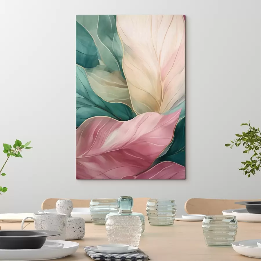 Fototapete Smaragdgrüne und rosa tropische Blätter s50385