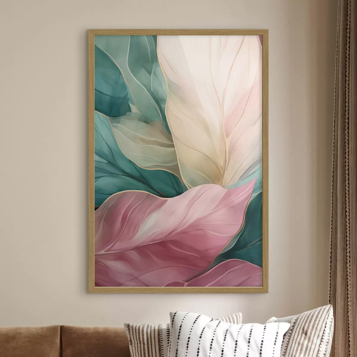 Poster Smaragdgrüne und rosa tropische Blätter f50385