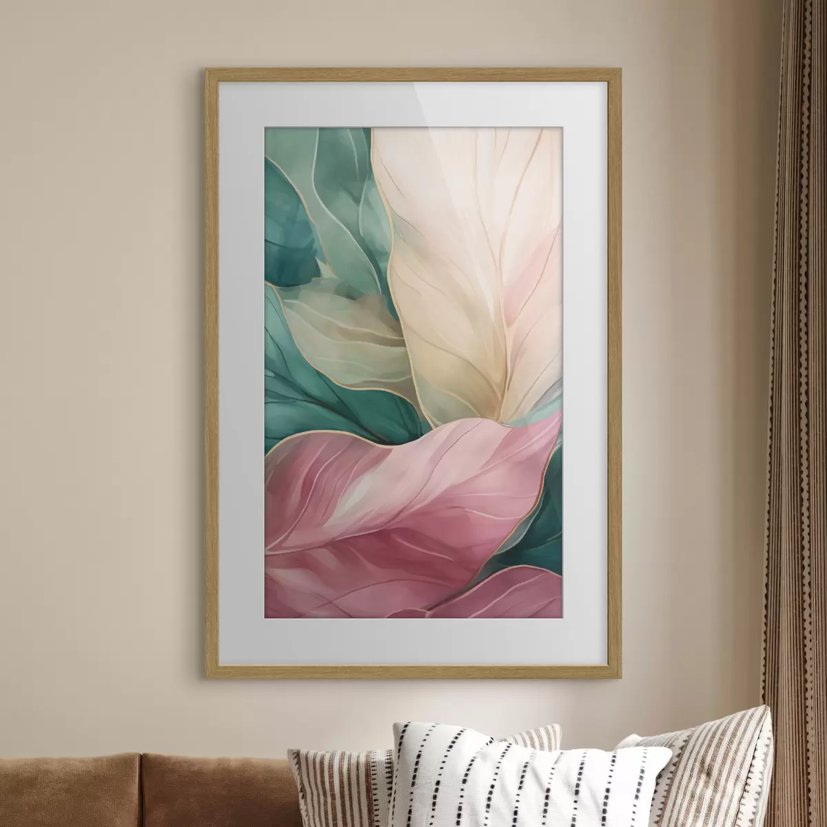Poster Smaragdgrüne und rosa tropische Blätter f50385