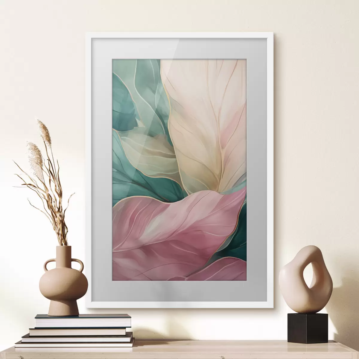 Poster Smaragdgrüne und rosa tropische Blätter f50385
