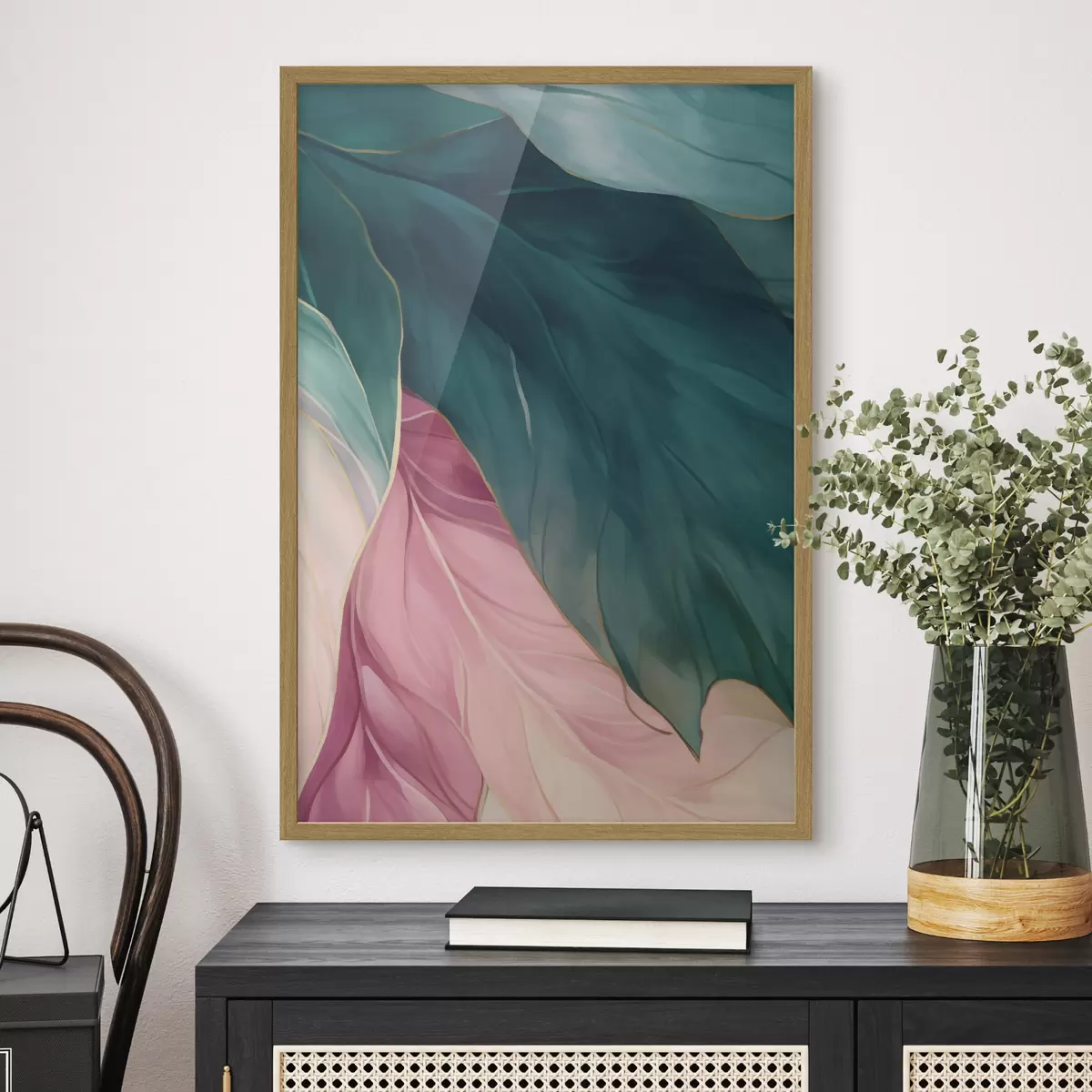 Poster Tiefes Türkis und puderrosa Blätter f50386