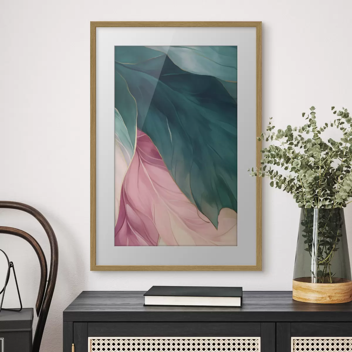 Poster Tiefes Türkis und puderrosa Blätter f50386