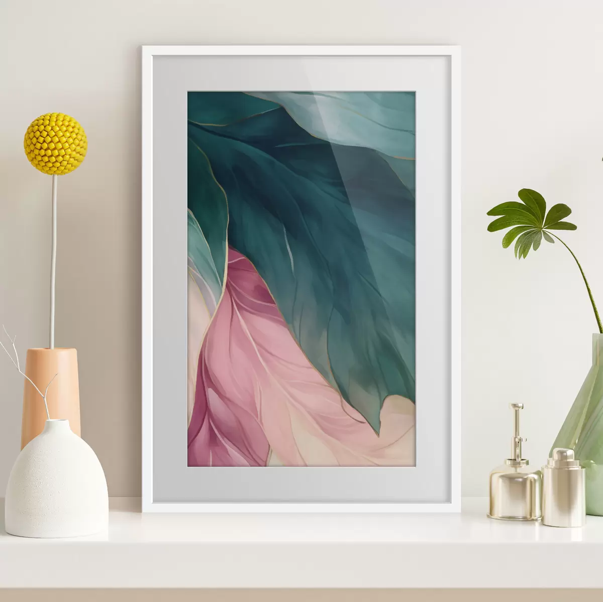 Poster Tiefes Türkis und puderrosa Blätter f50386