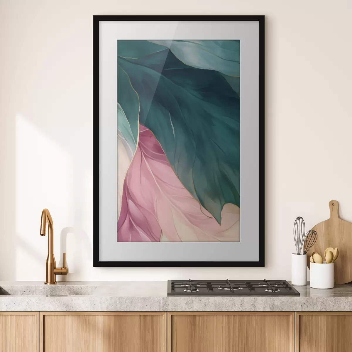 Poster Tiefes Türkis und puderrosa Blätter f50386
