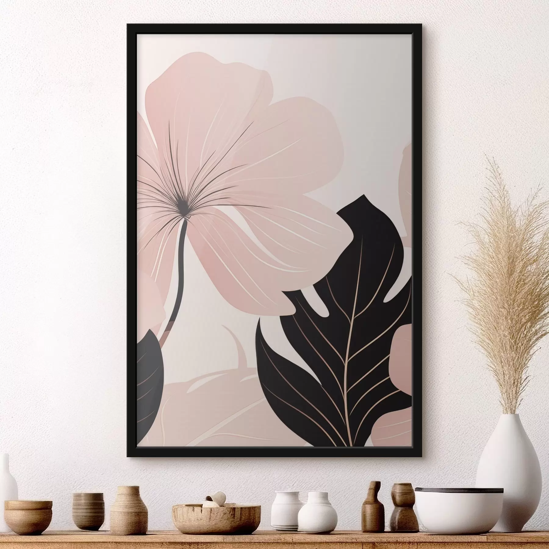 Fototapete Rosa Blume mit schwarzem Akzentblatt f50389