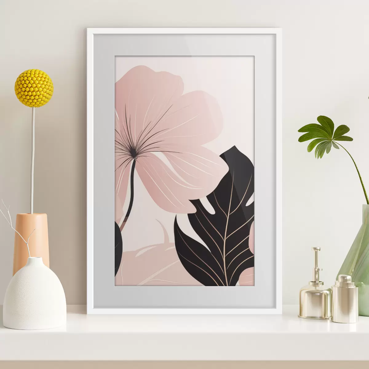 Poster Rosa Blume mit schwarzem Akzentblatt f50389