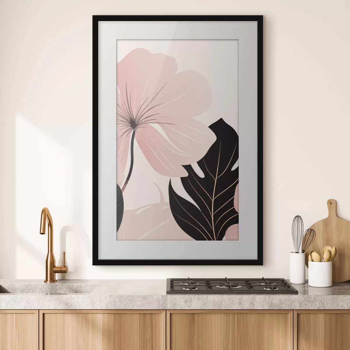 Poster Rosa Blume mit schwarzem Akzentblatt f50389