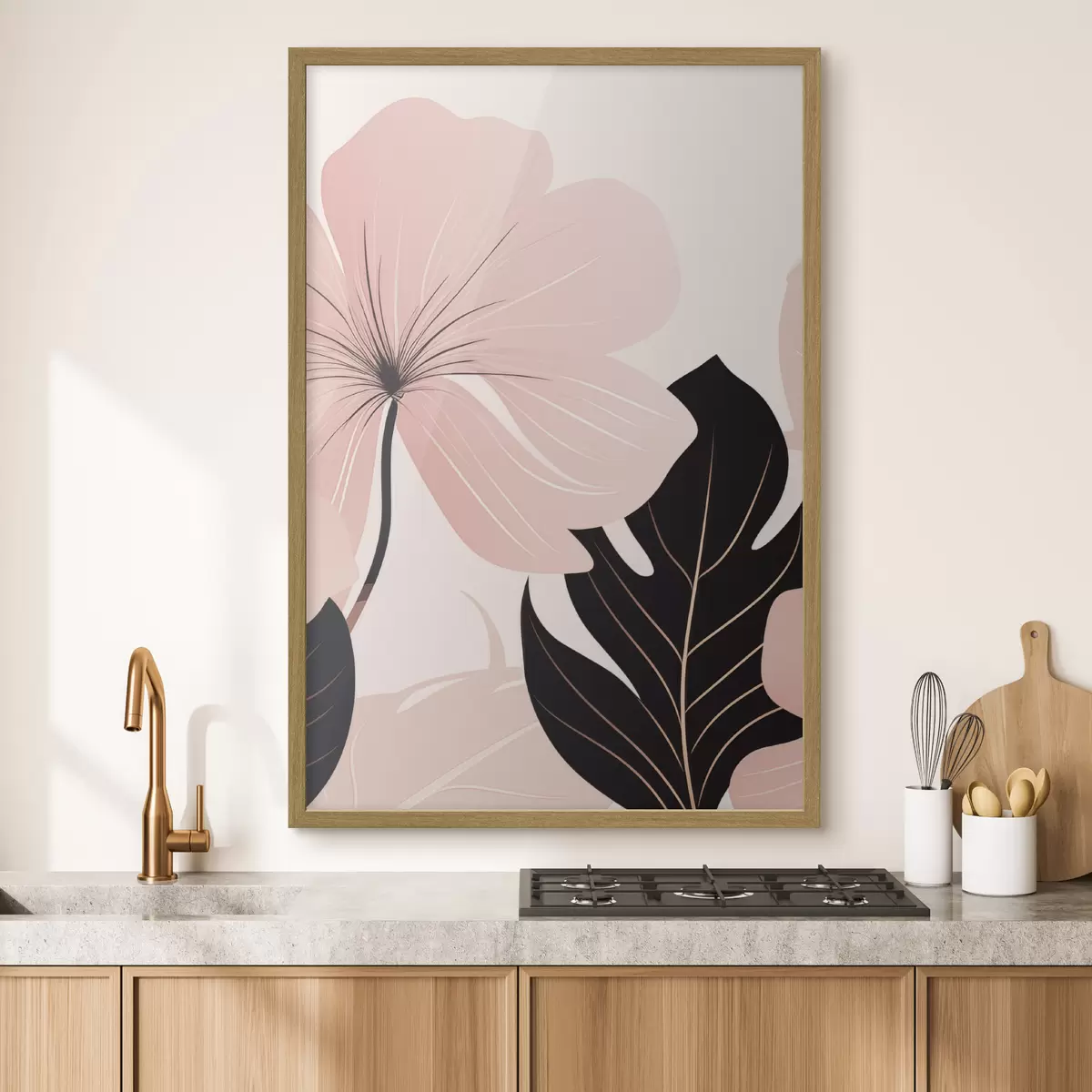 Poster Rosa Blume mit schwarzem Akzentblatt f50389