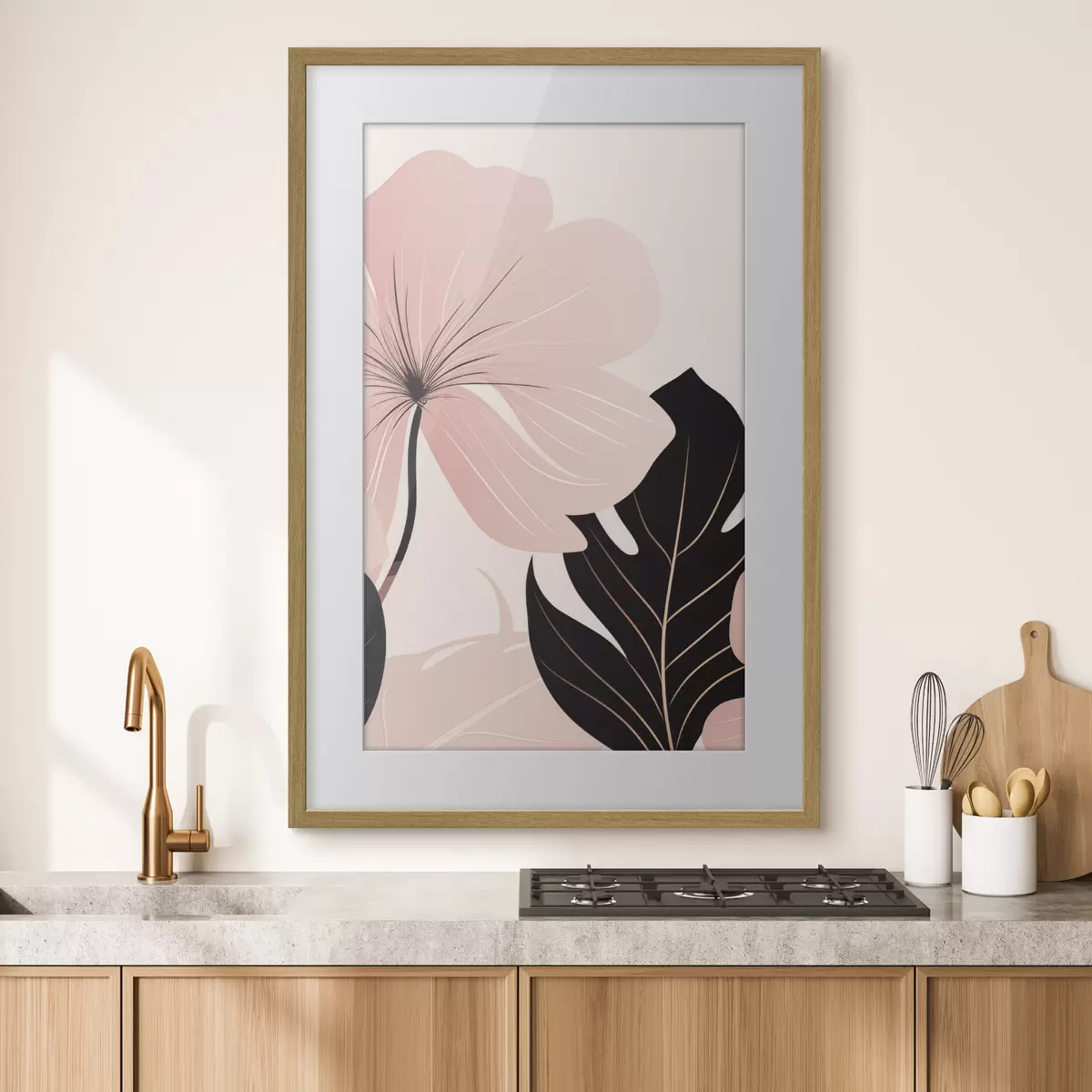 Poster Rosa Blume mit schwarzem Akzentblatt f50389