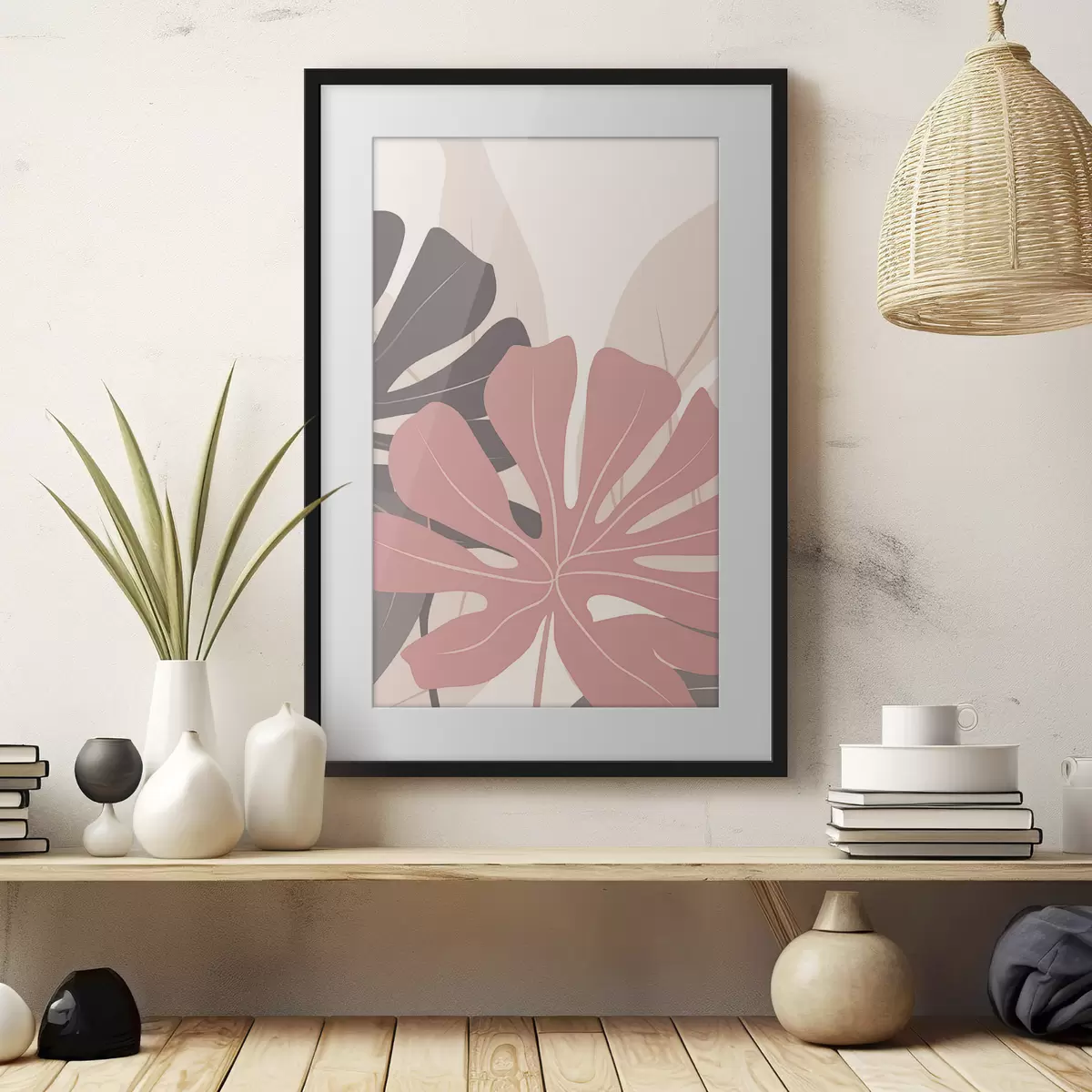 Poster Rosa und graue tropische Blätter f50391