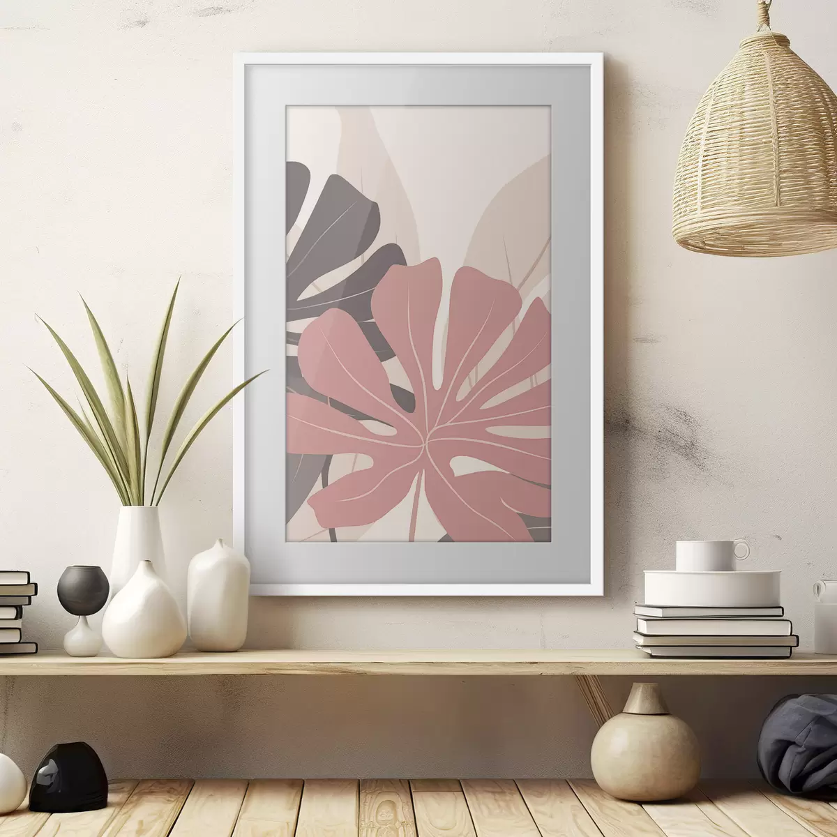Poster Rosa und graue tropische Blätter f50391
