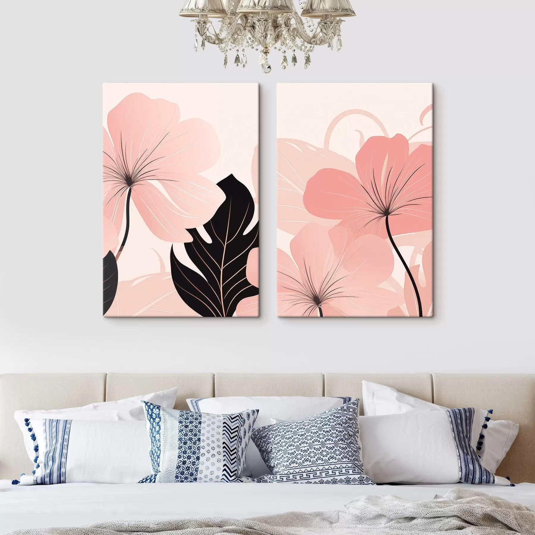 Fototapete Rosa Blumen und grafisch gestaltete Blätter m30902