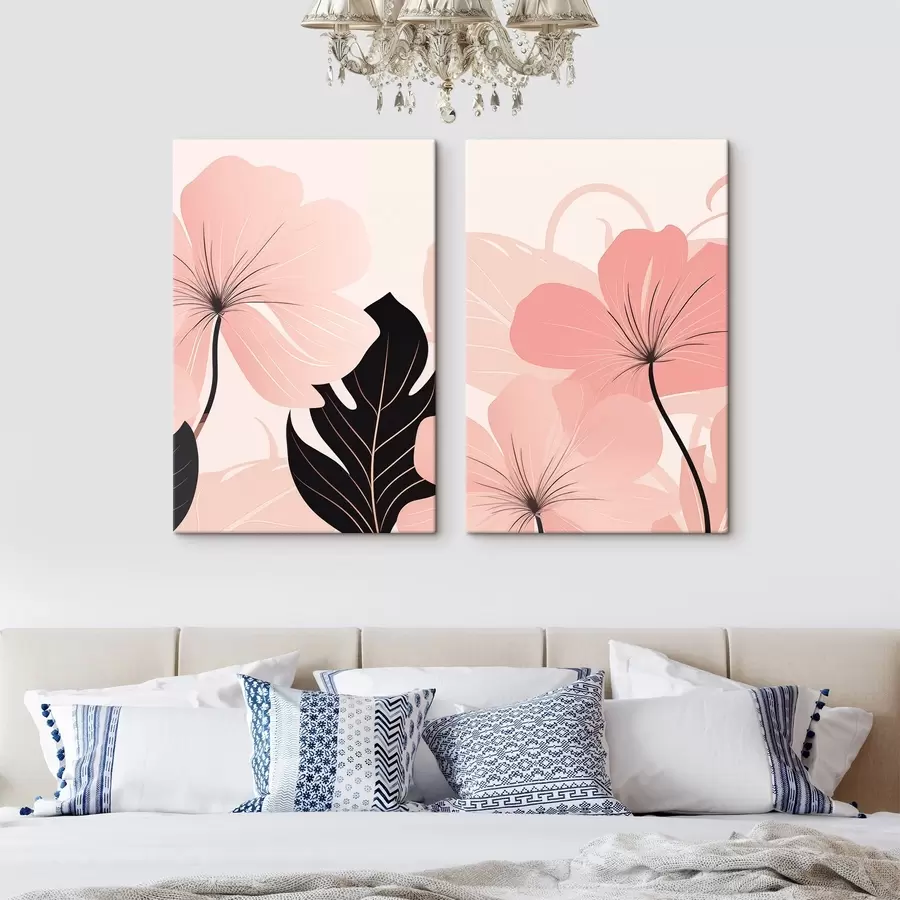 Fototapete Rosa Blumen und grafisch gestaltete Blätter m30902